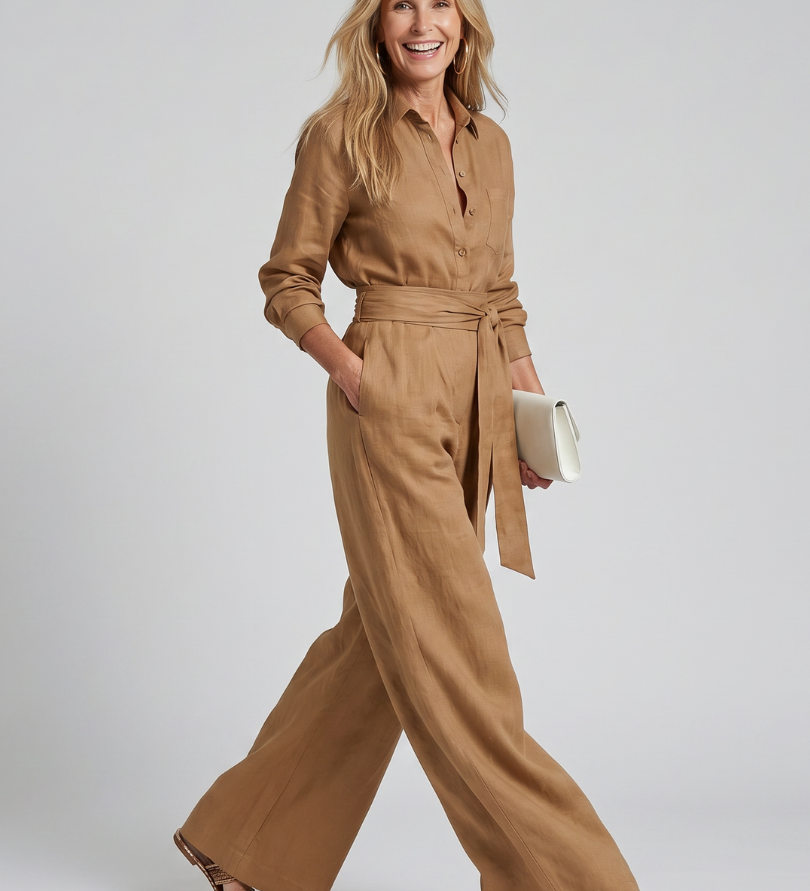 Jovie | Long Sleeve Button Front Wide Leg Jumpsuit