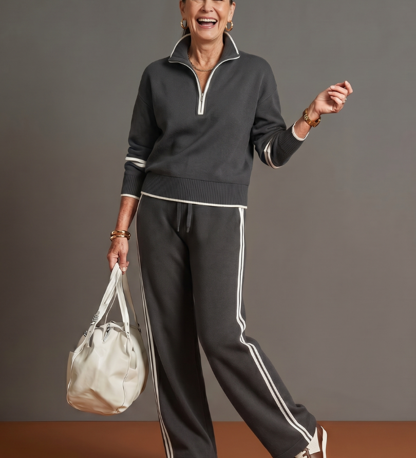 Rain | Zip Neck Long Sleeve Side Stripe Leg Pants Set