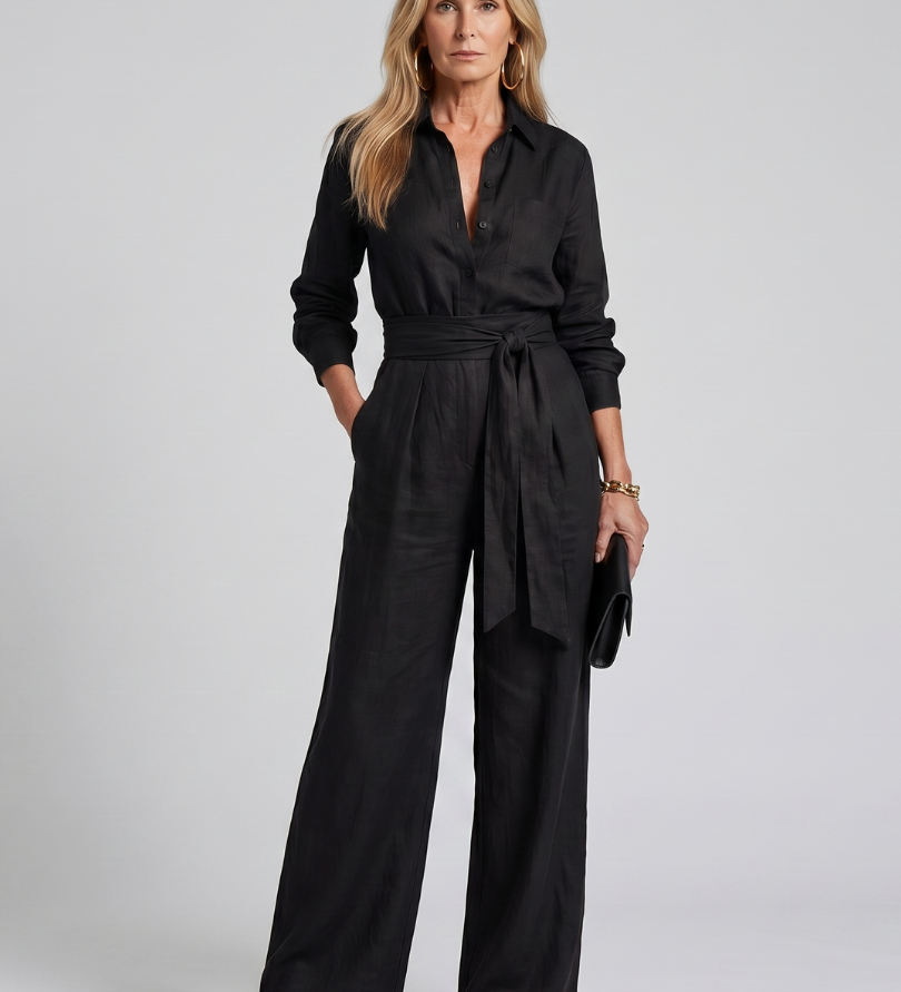 Jovie | Long Sleeve Button Front Wide Leg Jumpsuit
