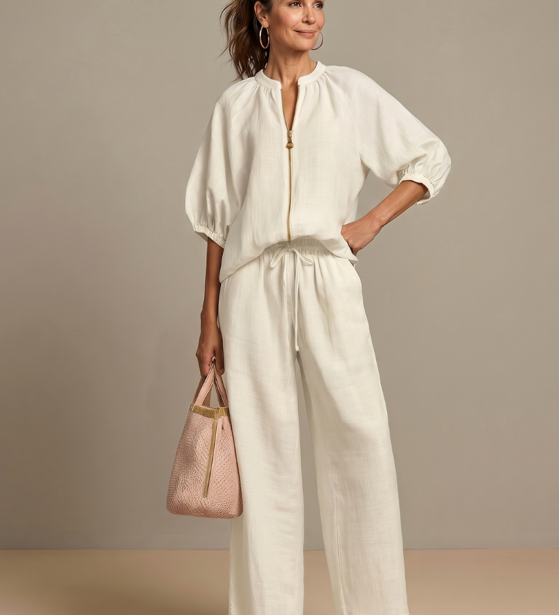 Natalia | Zip Front Blouson Top Wide Leg Set