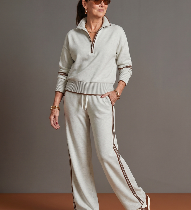 Rain | Zip Neck Long Sleeve Side Stripe Leg Pants Set