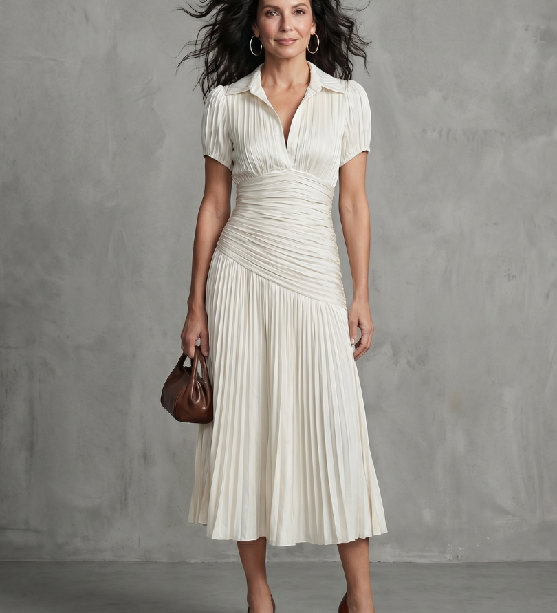 Theodora | Pleated Waistline Stripe Midi Dress