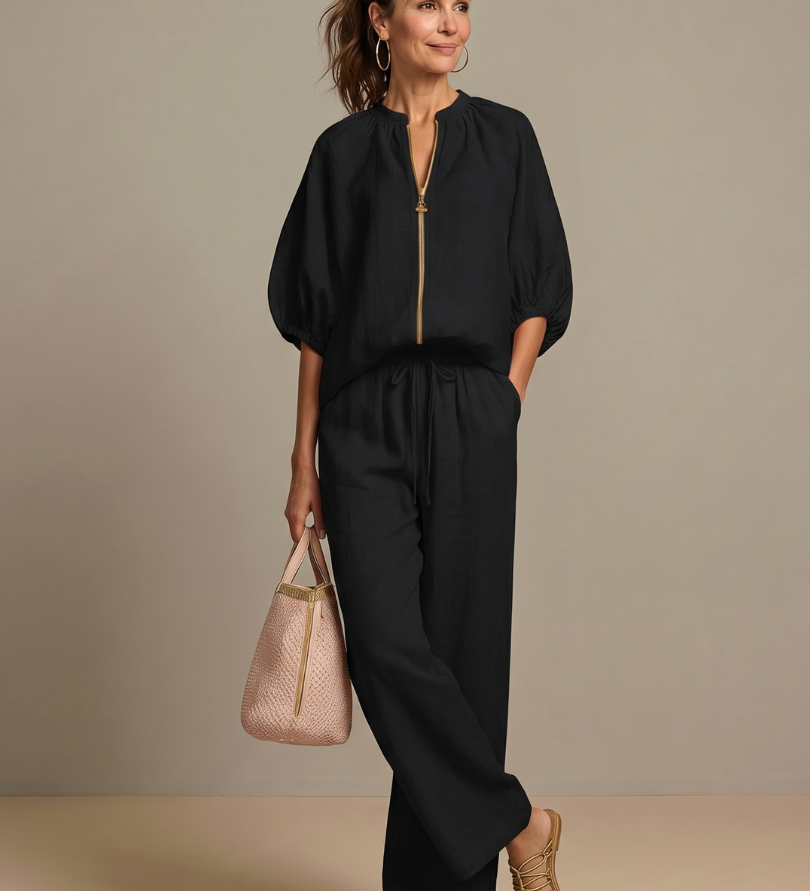 Natalia | Zip Front Blouson Top Wide Leg Set