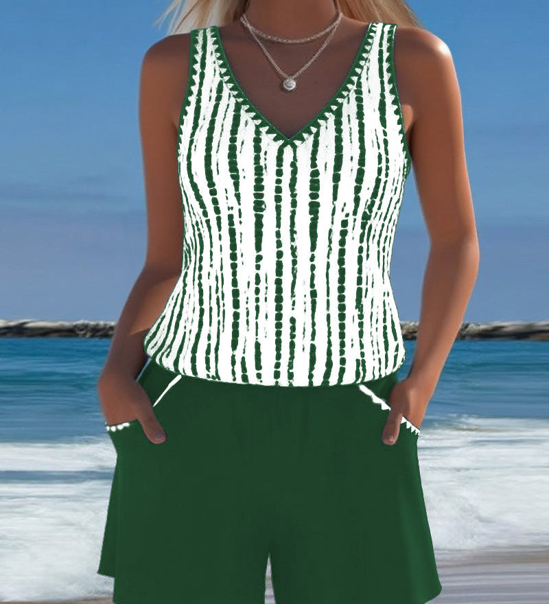 Mia™ | Casual Two Piece Printed V-Neck Swimsuit with Pockets