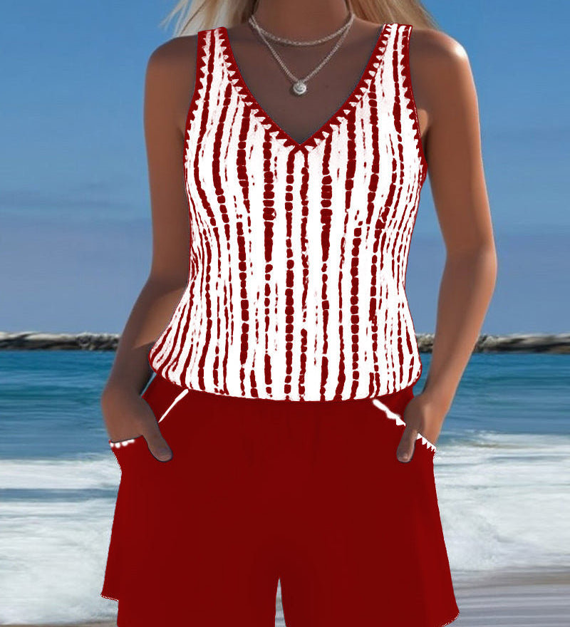 Mia™ | Casual Two Piece Printed V-Neck Swimsuit with Pockets