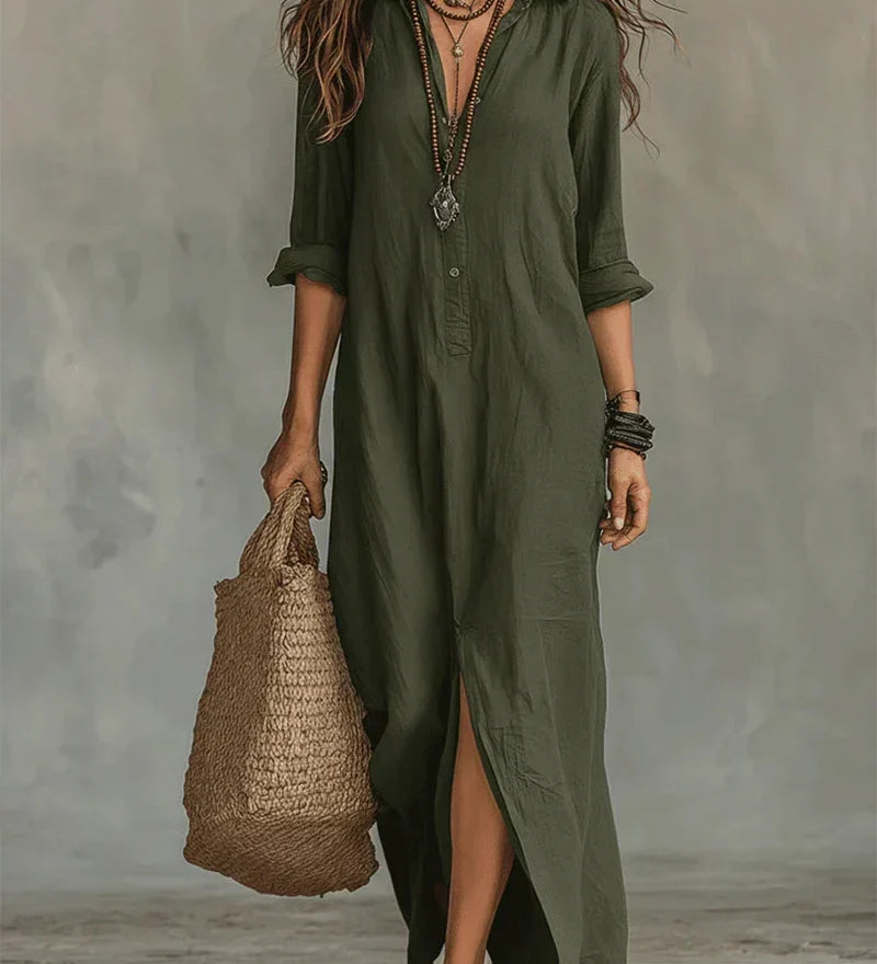Amy – Relaxed Black Maxi Dress with Buttons