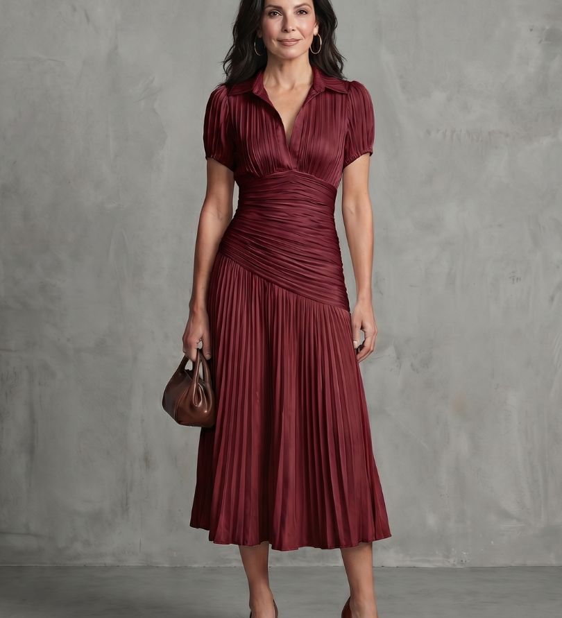 Theodora | Pleated Waistline Stripe Midi Dress