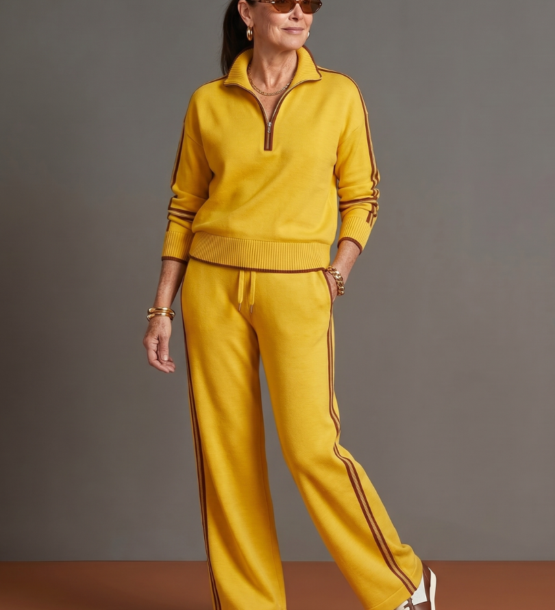 Rain | Zip Neck Long Sleeve Side Stripe Leg Pants Set