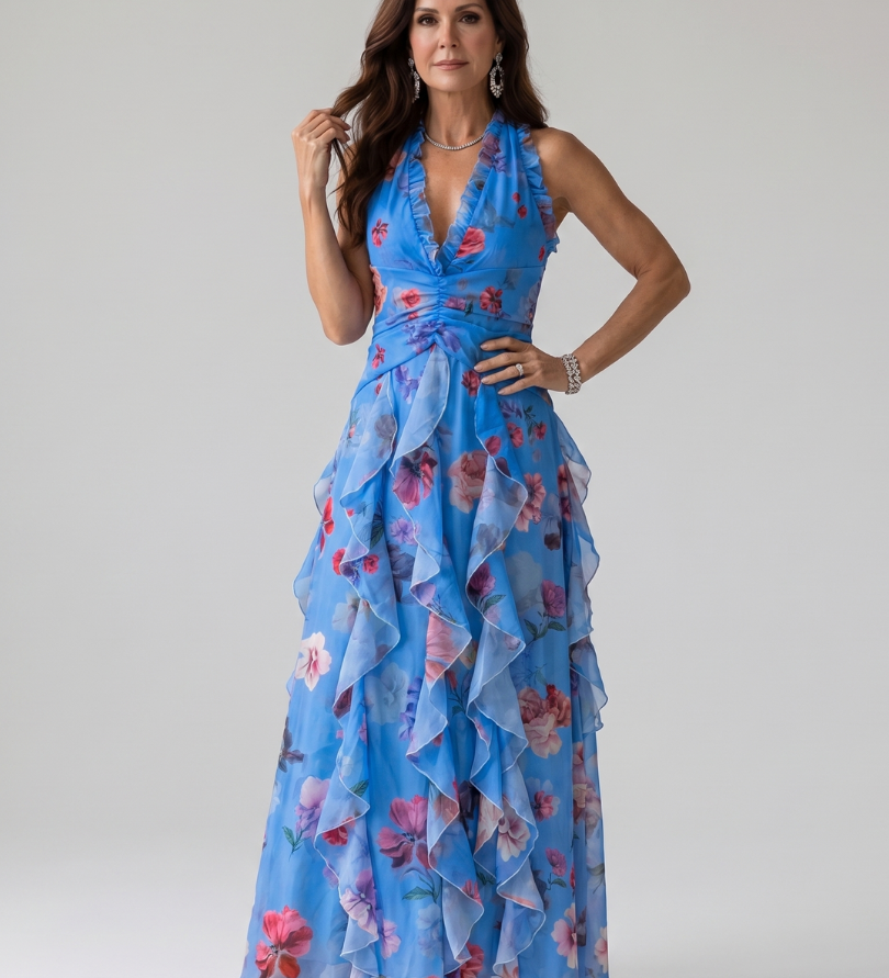 Nori | Halter Neck Ruched Bodice Floral Maxi Dress