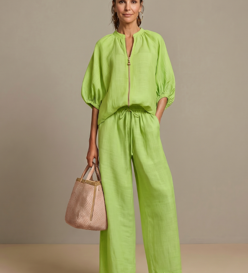 Natalia | Zip Front Blouson Top Wide Leg Set