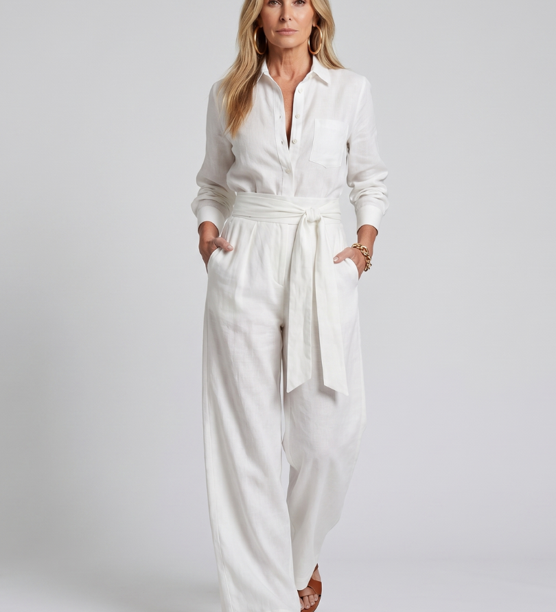 Jovie | Long Sleeve Button Front Wide Leg Jumpsuit