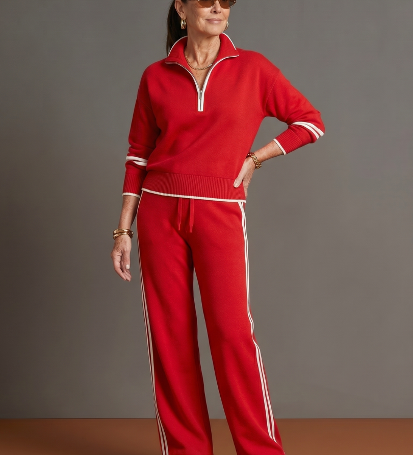 Rain | Zip Neck Long Sleeve Side Stripe Leg Pants Set