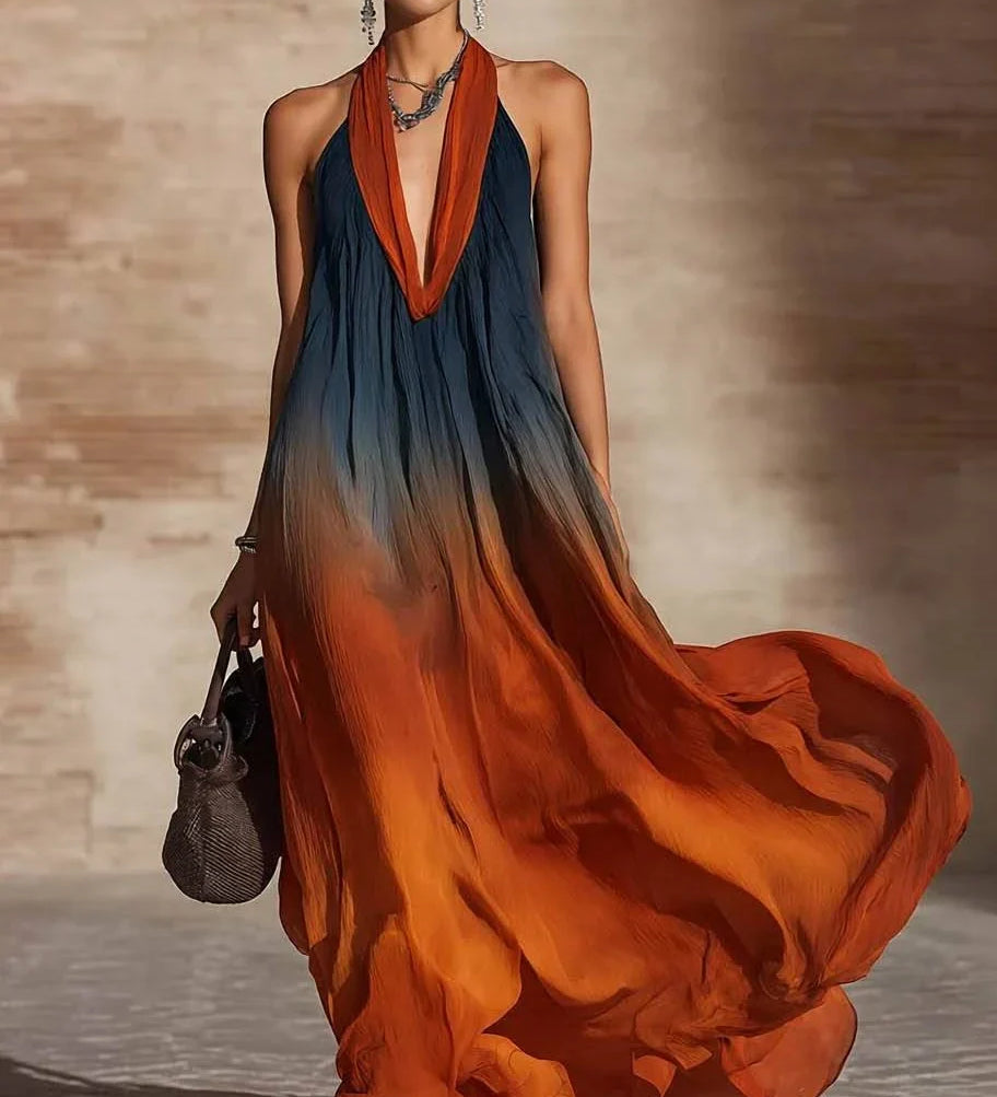 Holly – Long Halterneck/V-Neck Ombré Dress