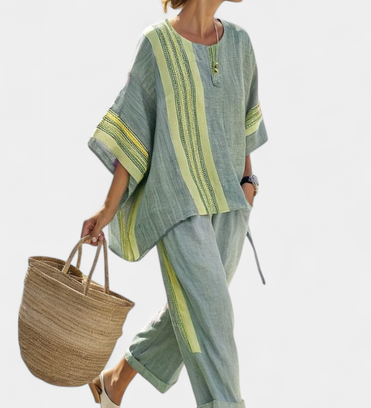 Elowric | Elegant Lavender Top & Mustard Striped Pants