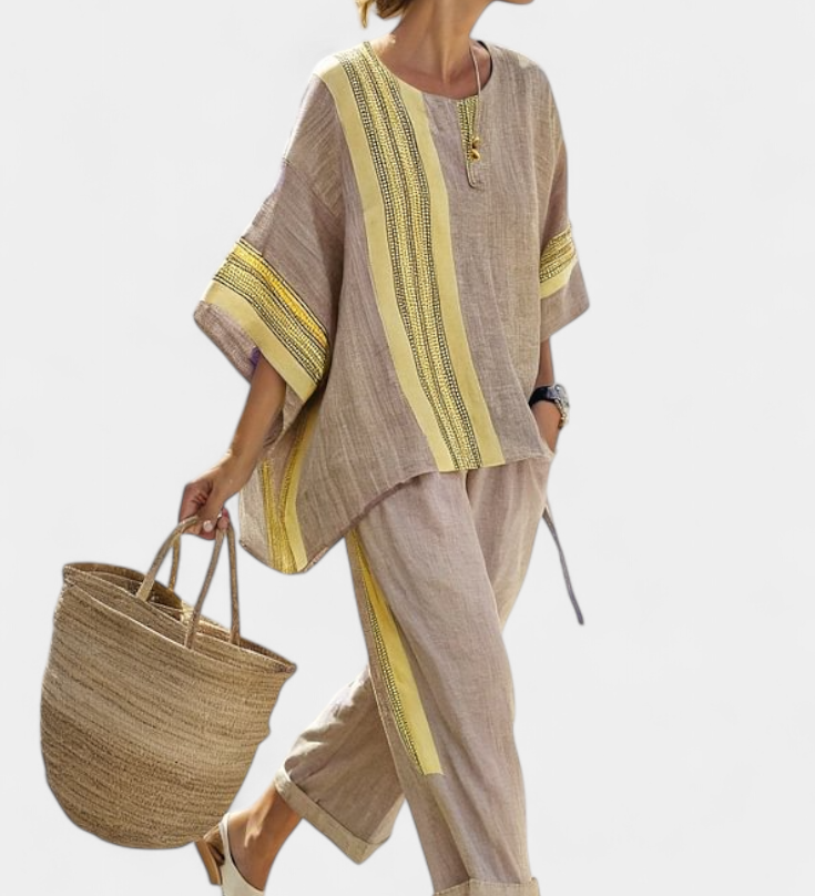 Elowric | Elegant Lavender Top & Mustard Striped Pants