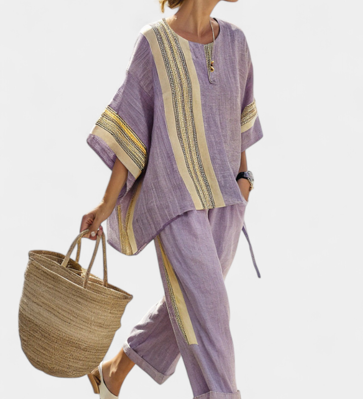 Elowric | Elegant Lavender Top & Mustard Striped Pants