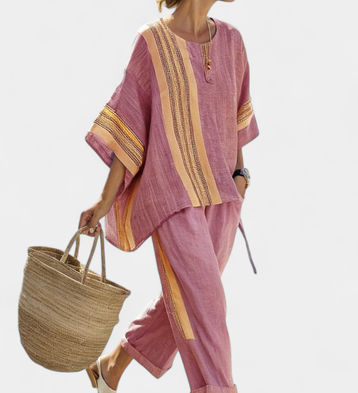Elowric | Elegant Lavender Top & Mustard Striped Pants
