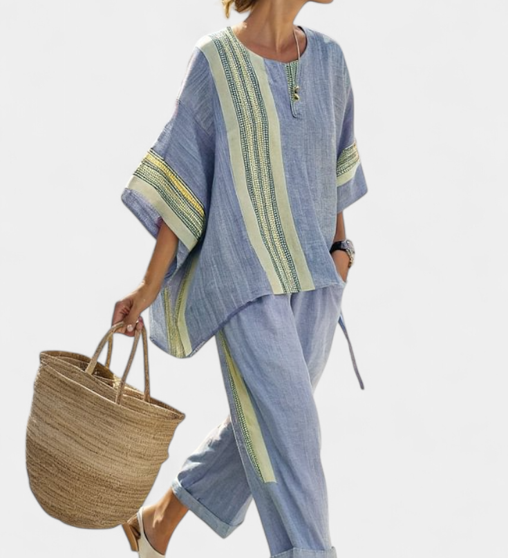 Elowric | Elegant Lavender Top & Mustard Striped Pants