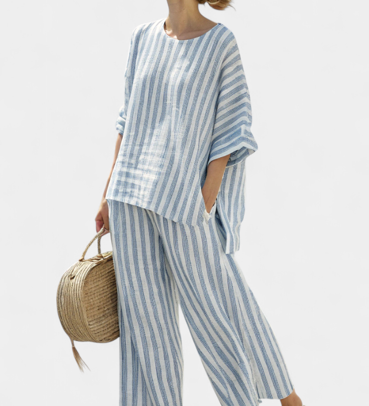 Rensleigh | Sophisticated Blue Striped Linen Top & Relaxed Pants