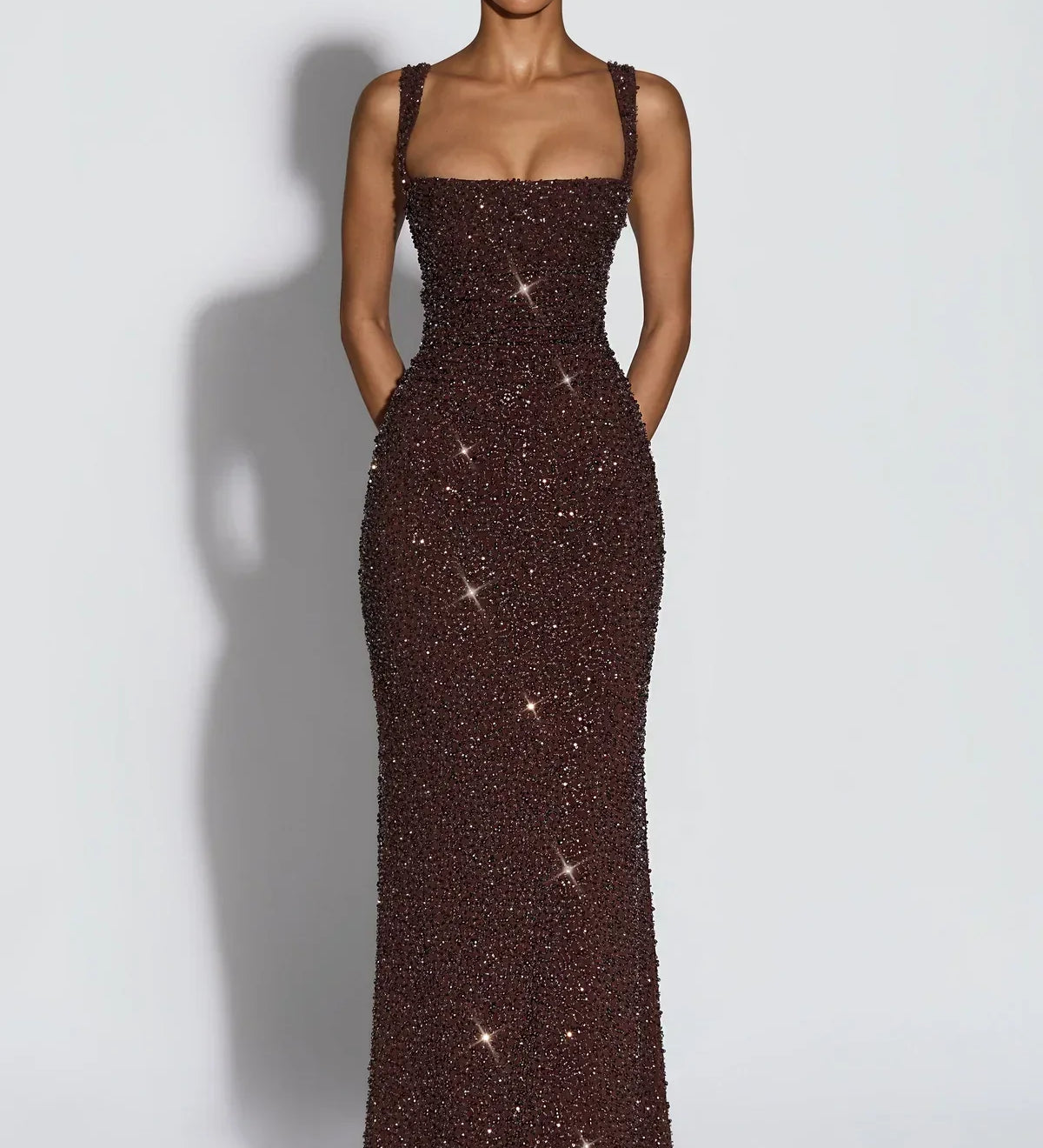 Rose – Sparkly Square Neckline Maxi Dress