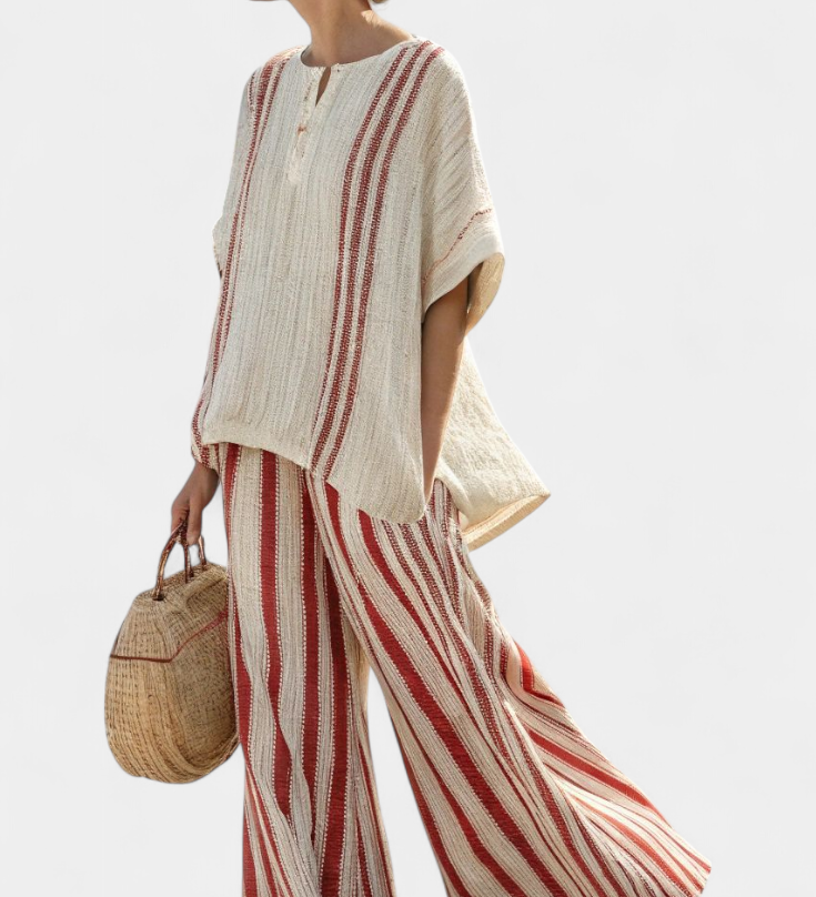 Mirella | Sophisticated Textured Red-Stripe Top & Linen Pants