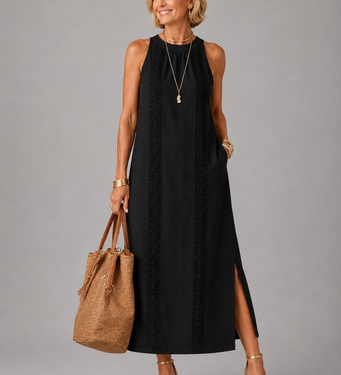 Jimena | Relaxed Embroidered Mandarin Collar Midi Dress