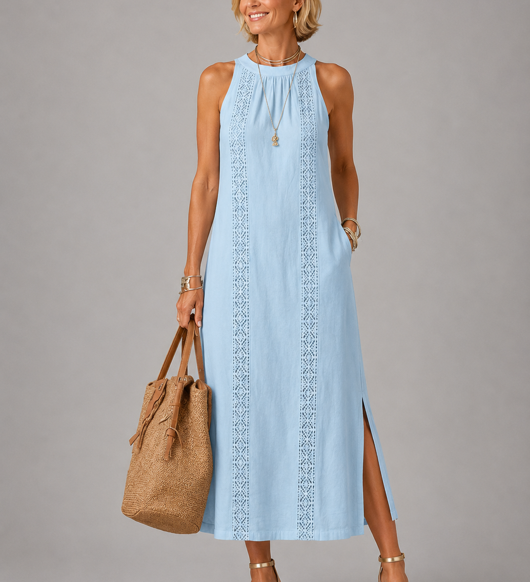 Jimena | Relaxed Embroidered Mandarin Collar Midi Dress