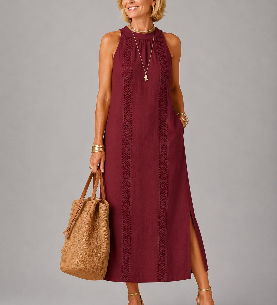 Jimena | Relaxed Embroidered Mandarin Collar Midi Dress