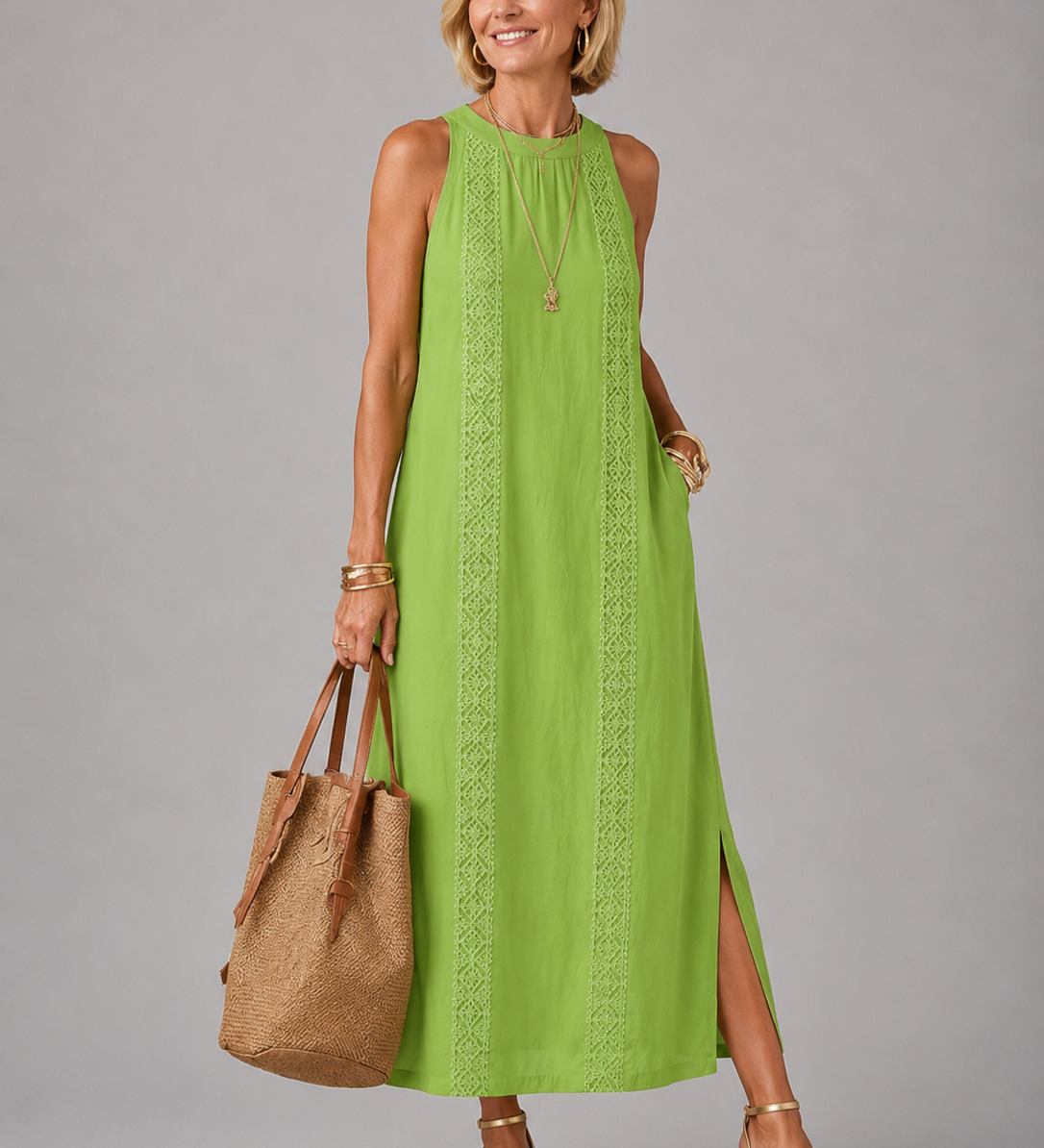 Jimena | Relaxed Embroidered Mandarin Collar Midi Dress