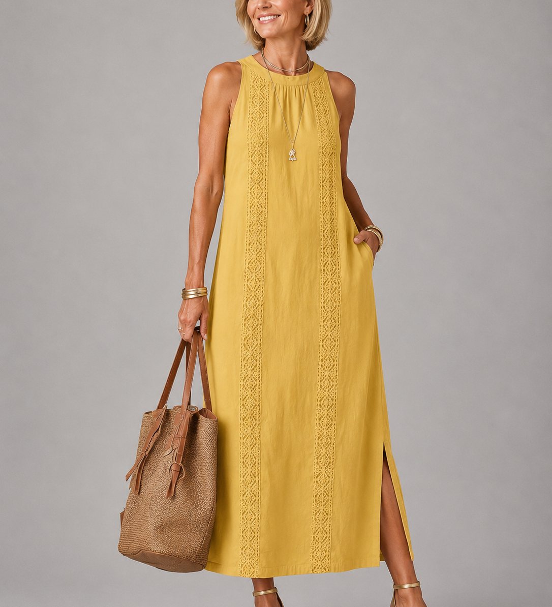 Jimena | Relaxed Embroidered Mandarin Collar Midi Dress