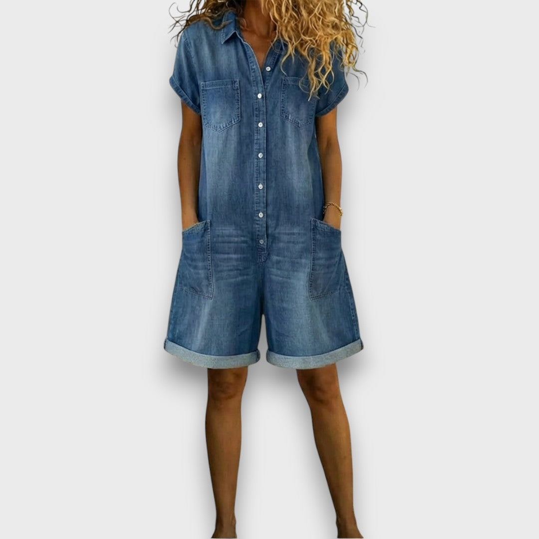 Tina - Vintage Cotton Overalls with Denim Print