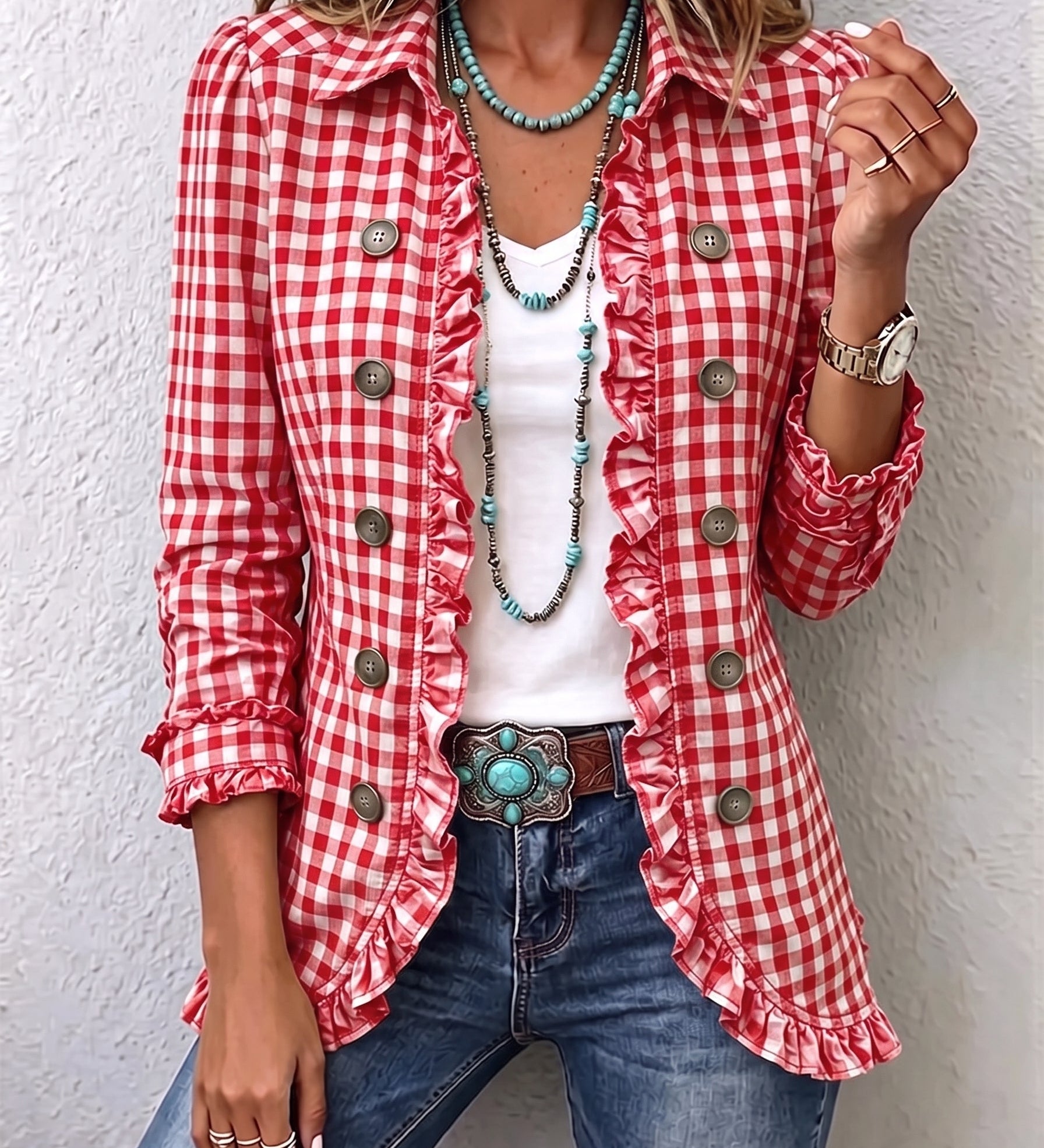 Charlene | Gingham Ruffled Button-Down Jacket