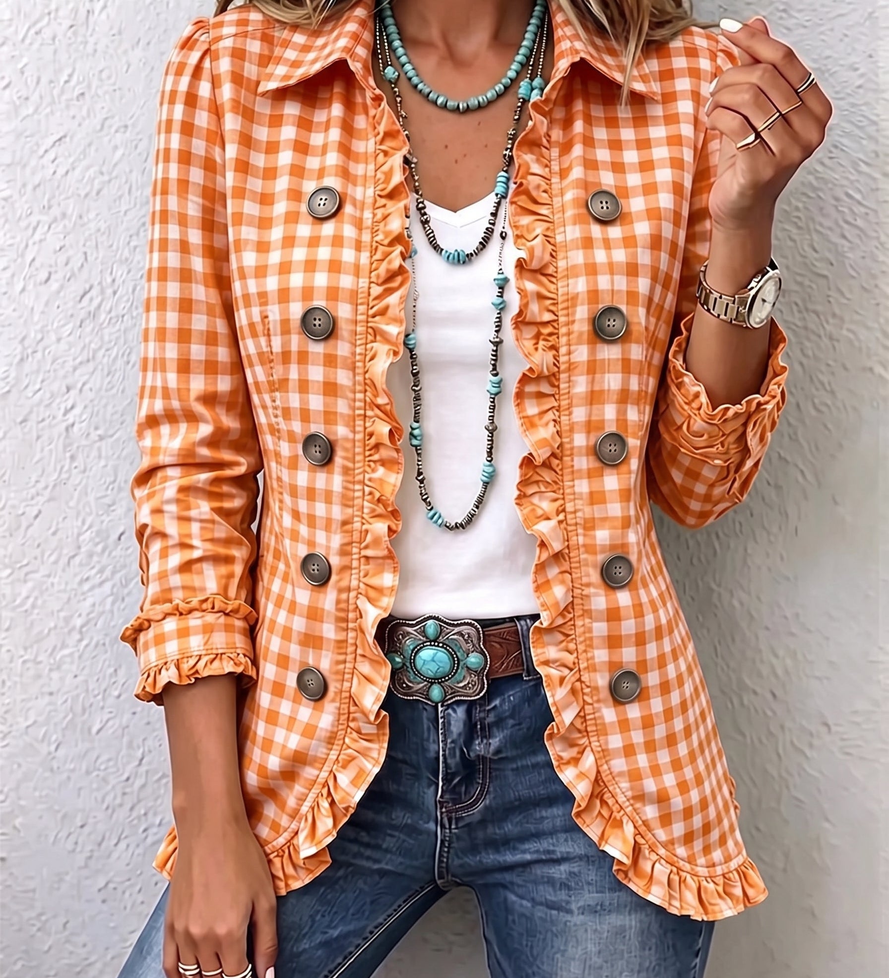 Charlene | Gingham Ruffled Button-Down Jacket