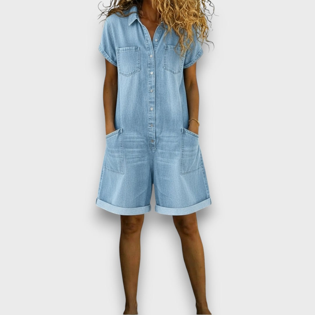 Tina - Vintage Cotton Overalls with Denim Print