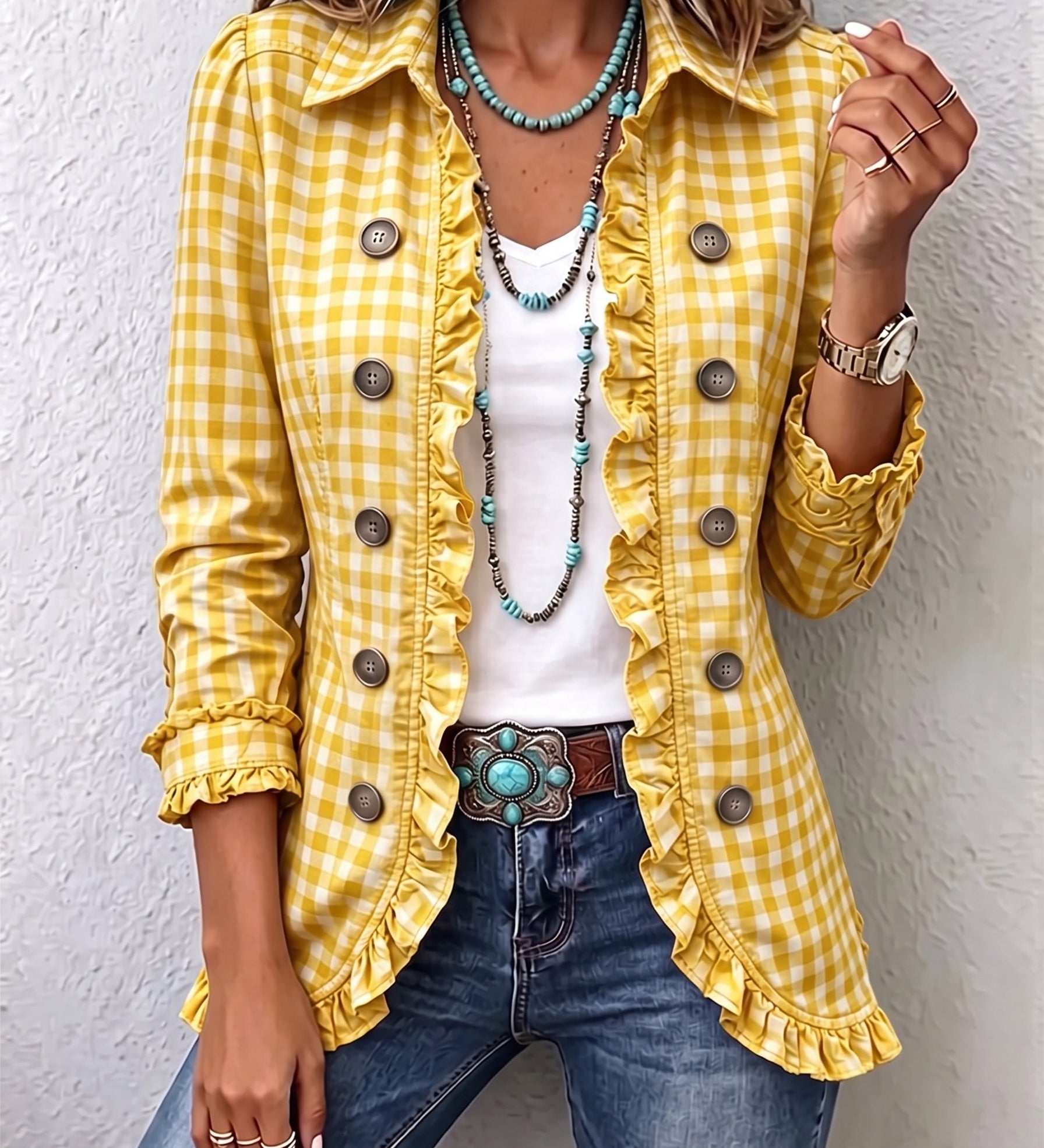 Charlene | Gingham Ruffled Button-Down Jacket