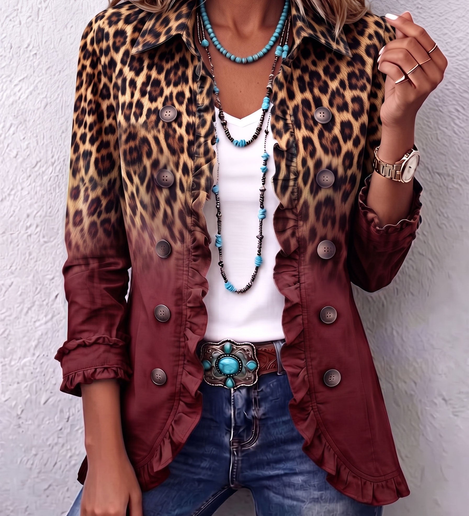 Elspeth | Leopard Ombre Ruffle Blazer Jacket