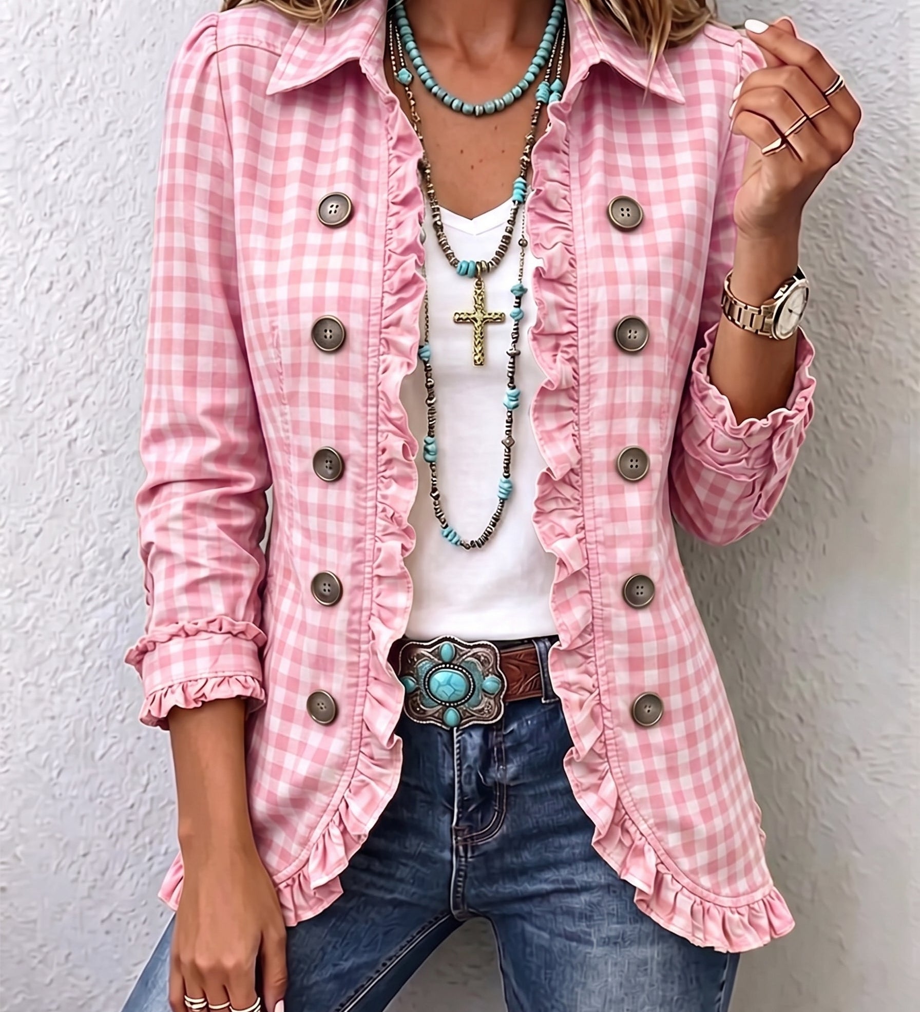 Charlene | Gingham Ruffled Button-Down Jacket