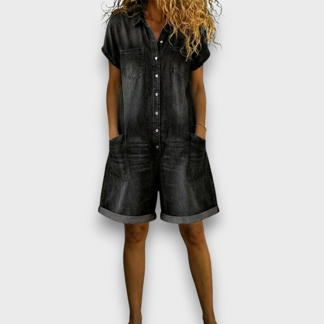 Tina - Vintage Cotton Overalls with Denim Print