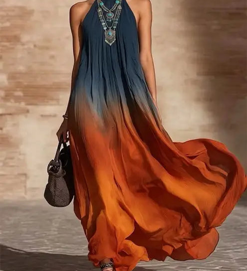Holly – Long Halterneck/V-Neck Ombré Dress